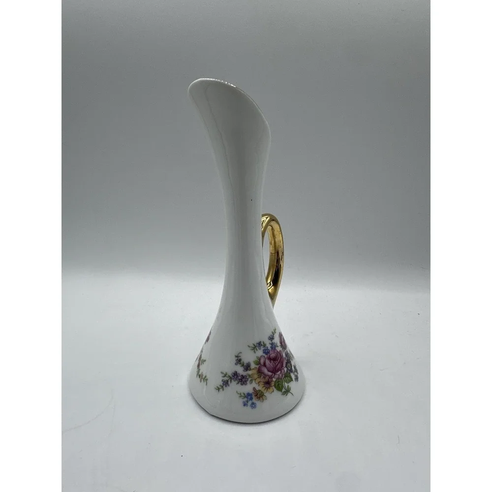 Porcelanas Guillen Madrid Porcelain Bud Vase‎ White Floral Gold Handle Spain